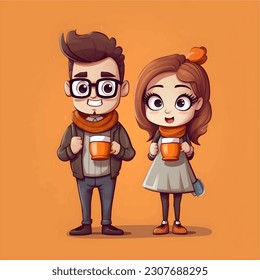 Couple man and woman hold a cup of coffee cartoon hand draw vector illustration. 