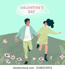 Couple man and woman holding hand running together. Concept of love and relationship. Valentine's Day concept. Hand drawn vector.