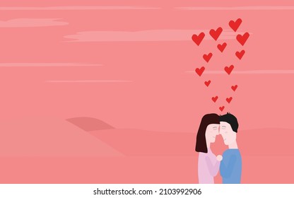 Couple of man and woman holding hands with closed eyes join his heads in a romantic way while blushing with mountains in the background and hearts coming out on them