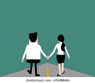 Couple Man And Woman Holding Hands And Walking.