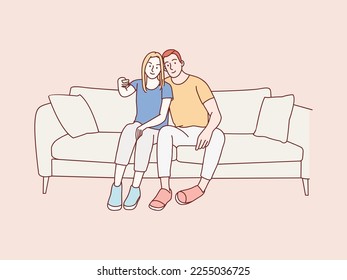 Couple man woman holding remote tv and watching television on a sofa simple korean style illustration