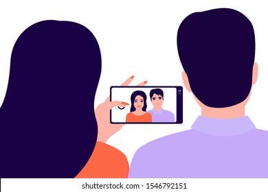 Couple man and woman holding smartphone, back view. Girl taking photo, selfie. Pair photo girl and guy on phone. Vector illustration