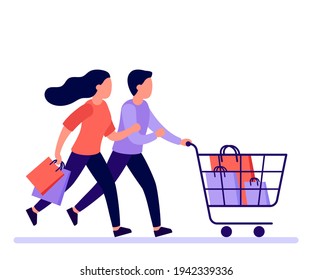 Couple man and woman hurry run with shopping cart to sale in shop, buyers rush. Family buyer with shopping cart rush to sale and discount items. Vector illustration