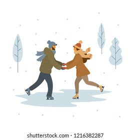 couple , man and woman ice skating isolated cartoon vector illustration