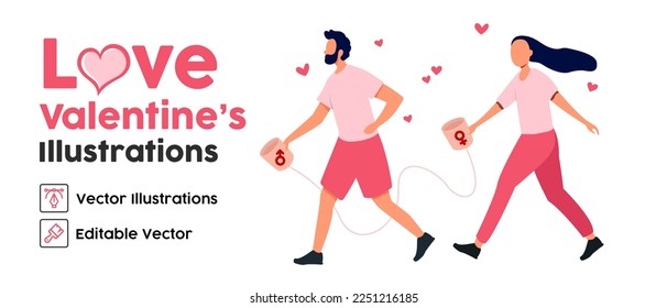 Couple of man with woman keep communication. Heart shape love symbol. Design for romantic valentine's day.