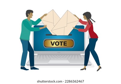 Couple, man and woman leaving their votes on laptop. Isolated. Vector illustration.