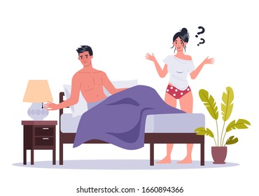 Couple of man and woman lying in bed. Concept of sexual or intimate problem between romantic partners. Sexual unattractiveness, and behavior misunderstanding. Vector illustration in cartoon style