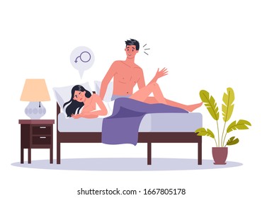 Couple of man and woman lying in bed. Concept of sexual or intimate problem between romantic partners. Sexual dysfunction, and behavior misunderstanding. Vector illustration in cartoon style