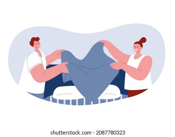 Couple man and woman make the bed. Vector illustration in flat style.