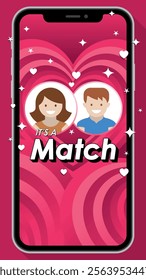 Couple man and woman matching on a dating app with magenta background decorated with stars and hearts on a smartphone screen