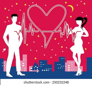 A couple, a man and a woman, is meeting for the Saint Valentine night in front of the city skyline. The hearts are connected by an electrocardiogram heartbeat graphic