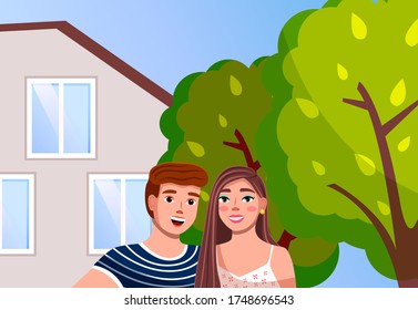 Couple man and woman at the modern family villa house with green trees in the home garden. Smiling lovers at private residential architecture, town house cottage. Family cottage house illustration