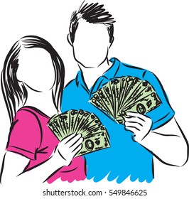 couple man and woman with money illustration