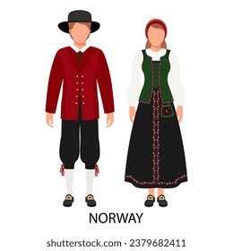 A couple of a man and a woman in Norwegian folk costumes. Culture and traditions of Norway. Illustration, vector