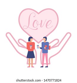 Couple man and woman on the background of hands holding the heart. Relationship, romance concept. Love concept. Happy Valentine s Day wallpaper, poster, card. Vector illustration.