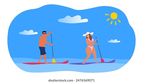 couple man and woman paddling on paddle board on the water summer vacation vector illustration