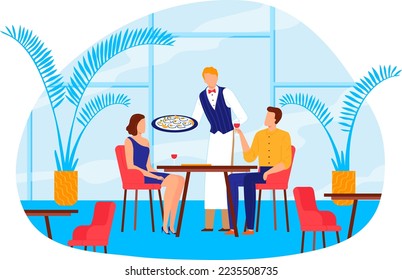 Couple man woman people at restaurant, romantic date at table vector illustration. Happy female mal character drink and have lunch