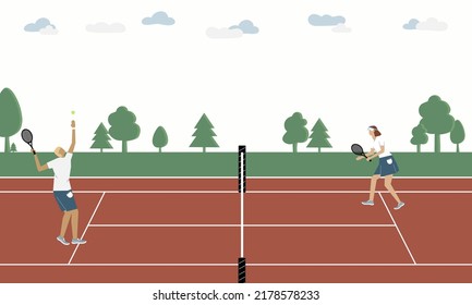 A couple man and woman play tennis outdoor in summer, flat vector illustration. Outdoor courts for tournament match. Active lifestyle. Player hit ball over net.