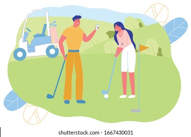 Pareja de hombres y mujeres jugando golf en el campo en la ilustración vectorial del Día de Verano. Chica golpeando a Ball, tipo sacando foto en el teléfono móvil. Hobby familiar. Estilo de vida activo. Camión detrás.