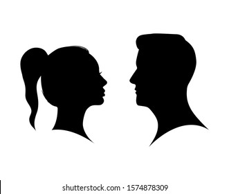 Couple man and woman profile silhouette face to face. Male and female head black shadow. Anonymous concept. Beauty boy and girl portrait. Black model human person. Silhouette face. vector isolated