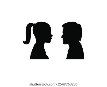 Casal homem e mulher perfil silhueta cara a cara. Macho e fêmea cabeça sombra preta. Silhueta de perfil de casal: homem e mulher face-a-face Shadow Art para desenhos românticos e criativos