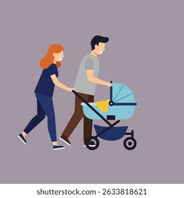 A couple, a man and a woman, are pushing a baby stroller together, walking and smiling.