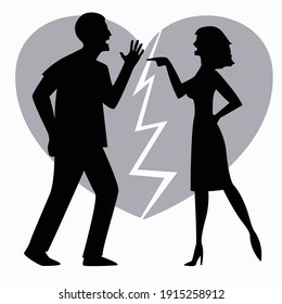 couple a man and a woman quarrel. the concept of emotional aggression between husband and wife. problems in the relationship. vector illustration. silhouette people shout at each other