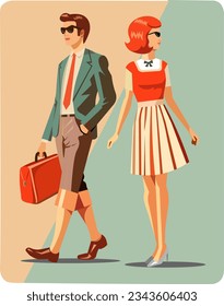 Pareja hombre y mujer de estilo retro 60-70 Ropa de moda y paleta de colores de estilo retro Rojo beige mutado color verde pastel Vector