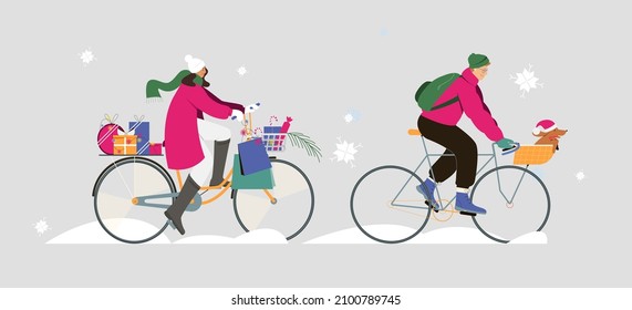 Couple man and woman ride a bicycle under snow fall in winter in warm clothing with gift bags, dog garland. Flat vector illustration, christmas shopping concept