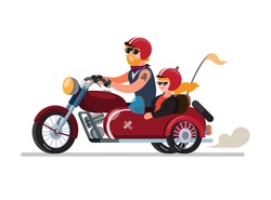Couple Man And Woman Riding Motorbike With Sidecar Or Sespan Modification In Cartoon Flat Illustration Vector Isolated In White Background