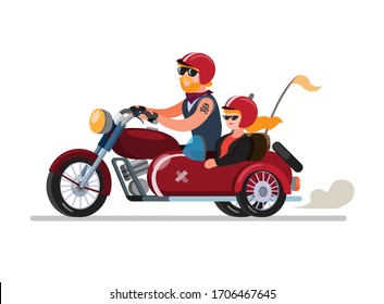 pareja de hombres y mujeres que manejan motocicleta con sidecar o sespan modificación en ilustración plana de dibujos animados aislados en fondo blanco