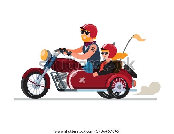 couple man and woman riding motorbike with\
sidecar or sespan modification in cartoon flat illustration vector\
isolated in white\
background
