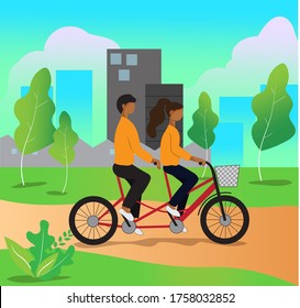 Couple of man and woman are riding a tandem bicycle outdoors. Flat vector illustration