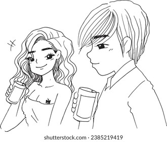 Couple man and woman romantic wedding line drawings