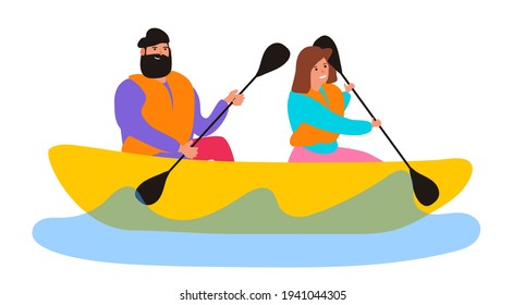 couple man and woman rowing canoe kayak with paddles vector illustration