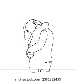 couple: man and woman silhouettes standing tightly hugging - one line art vector. concept of a couple of lovers hugging, heterosexual couple, meeting, farewell