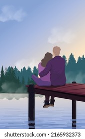 couple man and woman sitting on ponton and hugging, view from back or behind. spring summer outdoor landscape with forest and lake or river. vector background for book cover, poster, booklet.