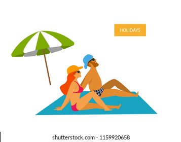 couple, man and woman sitting relaxing on the beach isolated vector graphic