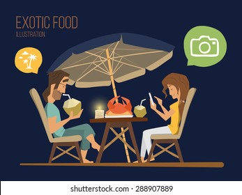 Couple man and woman sitting in a street tropical cafe at the evening. Romantic dinner illustration.