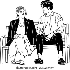 A Couple man   woman sitting together Hand drawn line art illustration	