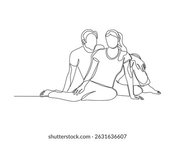 Couple man and woman sitting together on the floor sketch in continuous line drawing style. Minimalist black linear sketch isolated on white background. Vector illustration