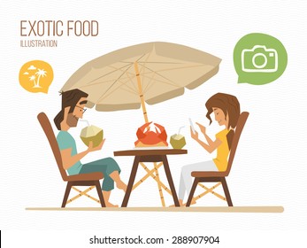 Couple man and woman sitting in a tropical street cafe, eating exotic food.