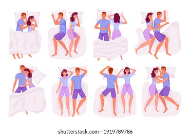 A couple, a man and a woman, sleep in bed in different poses, cozy pillows and blankets, happy people enjoy before going to bed. Set of funny cartoon characters in flat style. Vector, EPS 10