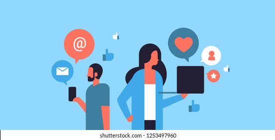 couple man woman social media icons concept online chat communication using gadget blue background flat horizontal portrait