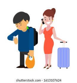 couple man and woman standing in queue bring suitcase and bag for business trip flat design cartoon vector