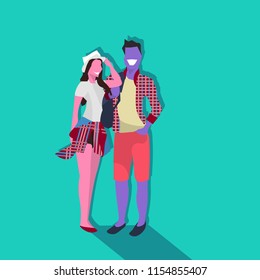 couple man woman standing together cartoon character vacation concept male female silhouettes flat full length vector illustration