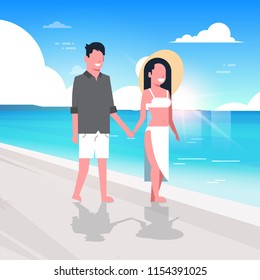 couple man woman sunrise beach summer vacation smiling walking seaside sea ocean flat vector illustration