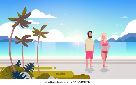 couple man woman sunrise tropical palm beach summer vacation smiling walking seaside sea ocean flat horizontal vector illustration