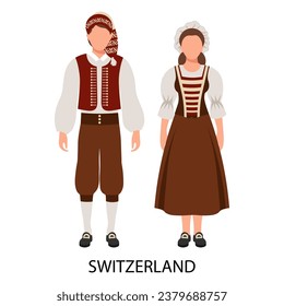 Ein paar Mann und eine Frau in Schweizer Trachten. Kultur und Traditionen der Schweiz. Illustration, Vektorgrafik