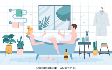 Couple, man and woman taking bath and drinking champagne. People in relaxing in bathroom with foam bubbles. Characters having romantic date together at home vector. Spa concept vector